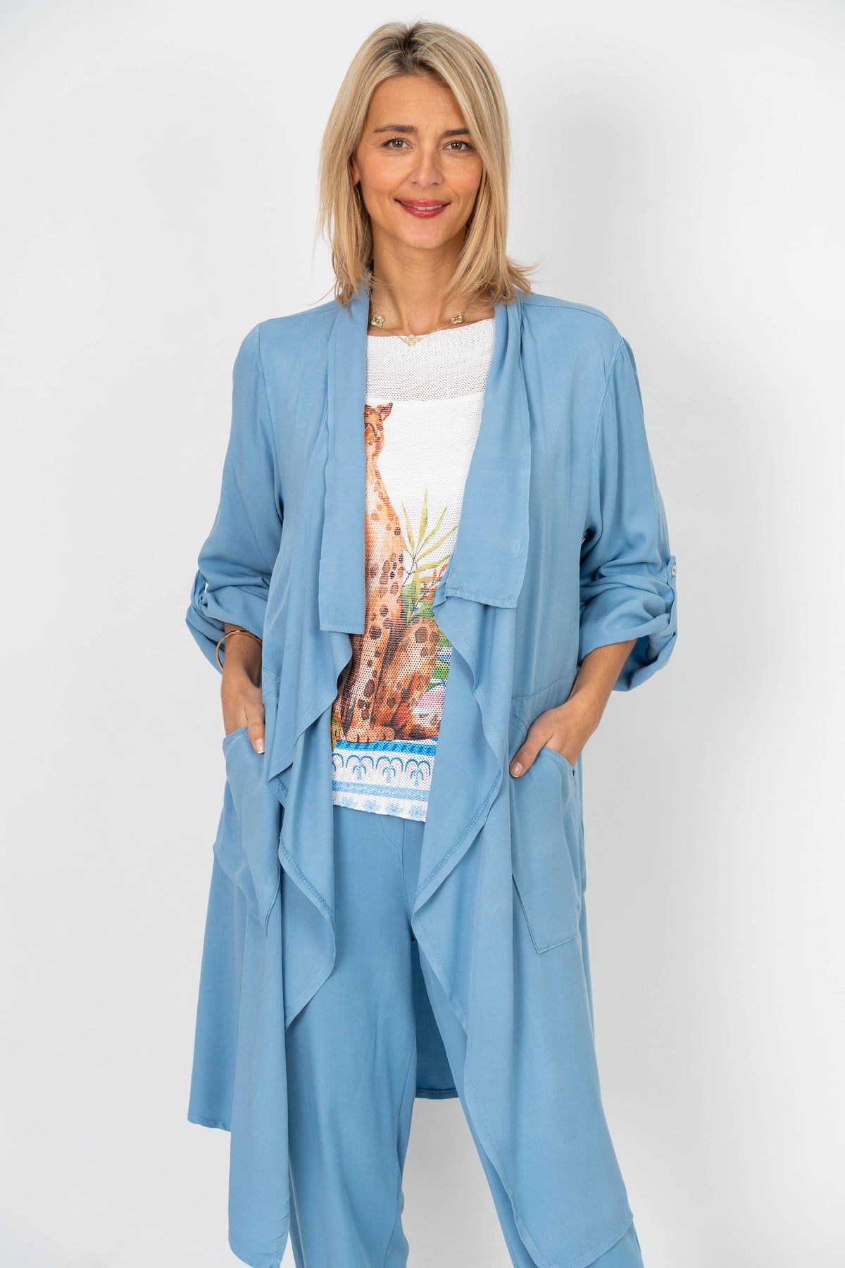 Aero Open-Front Draped Cardigan – Orange & Blue