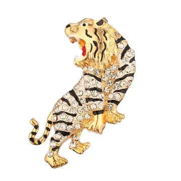 Golden Roar Rhinestone Tiger Brooch