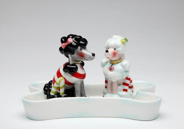 Black/White Poodle Dogs Sit in a Bone Shape Box Salt & Pepper Shakers