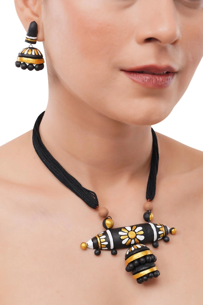 Black Floral Clay Jhumka Jewelry Set