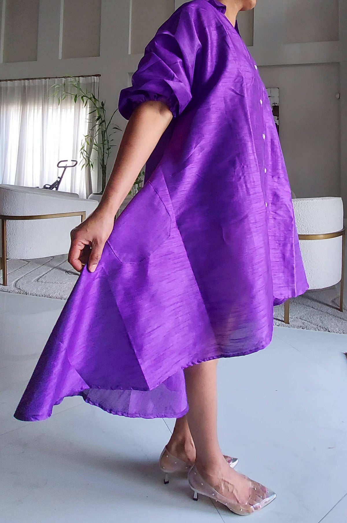 Swing Dress/ Faux Silk/ Ruffle Sleeve -758 Purple