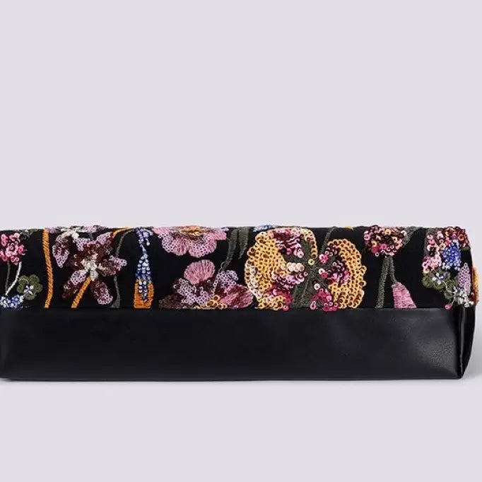 Black Floral Sequin Handbag with Matching Clutch
