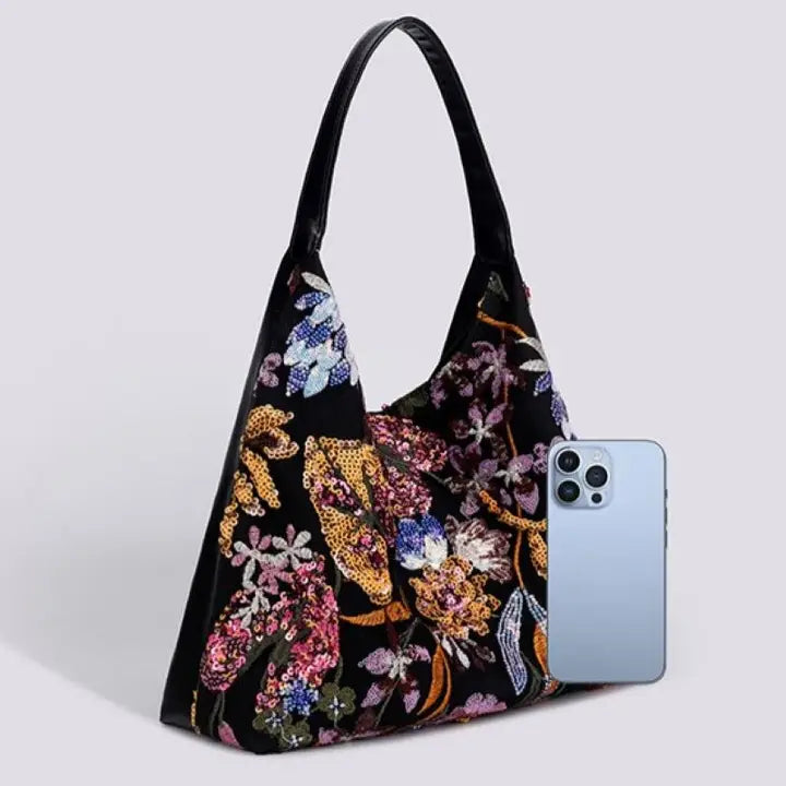 Black Floral Sequin Handbag with Matching Clutch