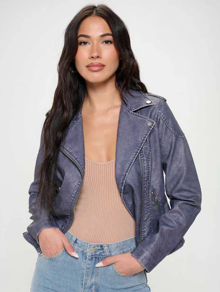 Denim-Finish Vegan-Leather Jacket