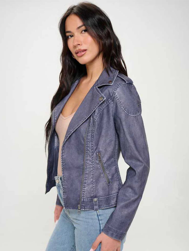 Denim-Finish Vegan-Leather Jacket