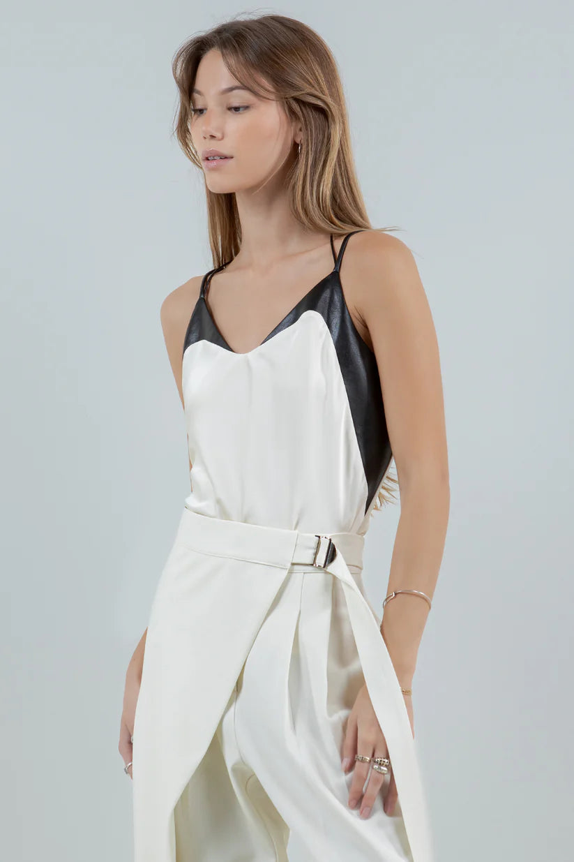 Leather-Trimmed Satin Camisole
