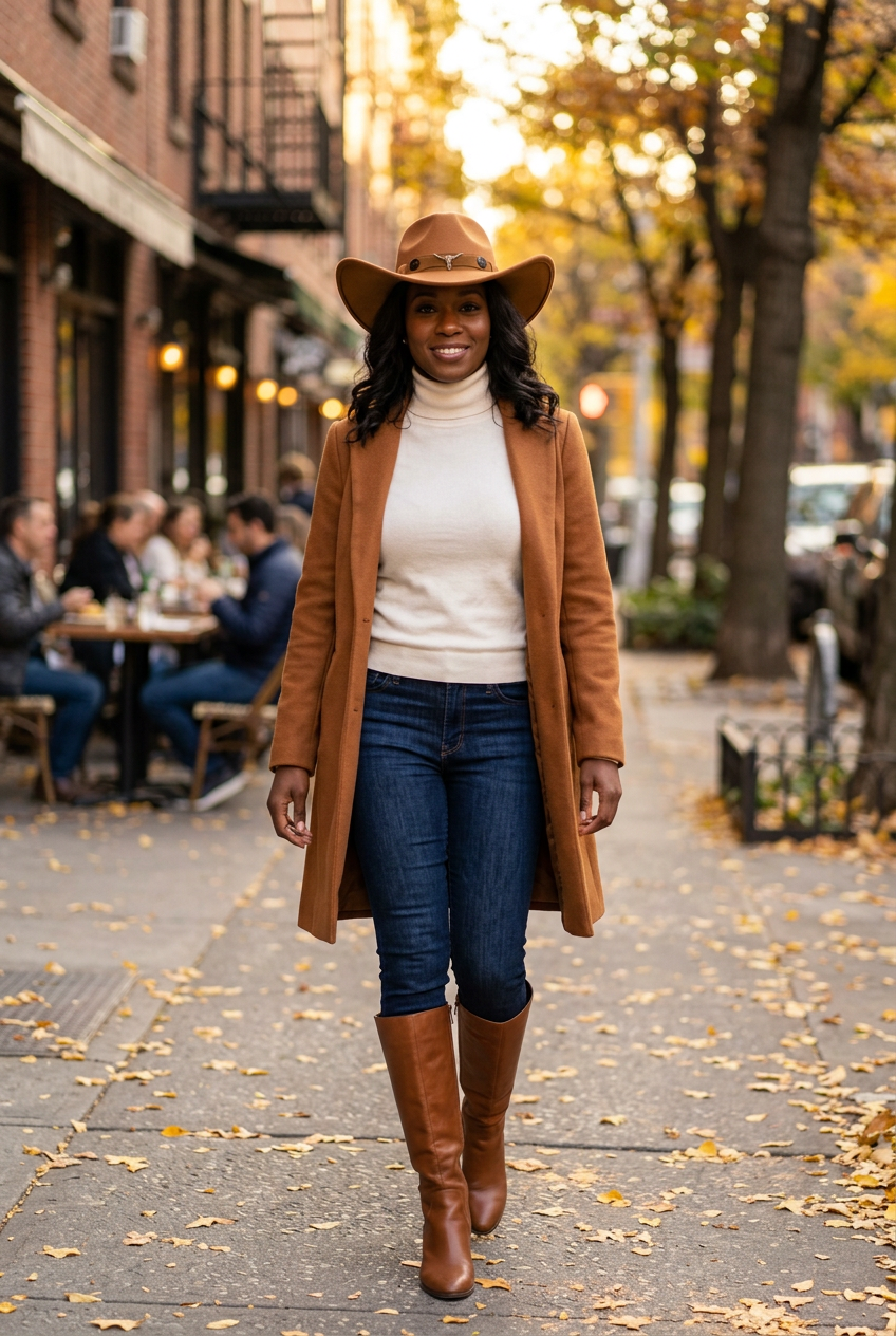 African American woman styled for a fall outing in the cognac cowboy hat with a matching coat and boots