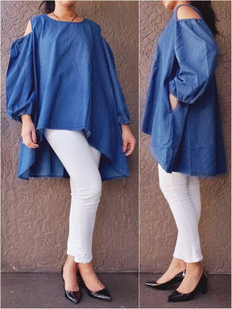 Cold-Shoulder Denim Billow Blouse