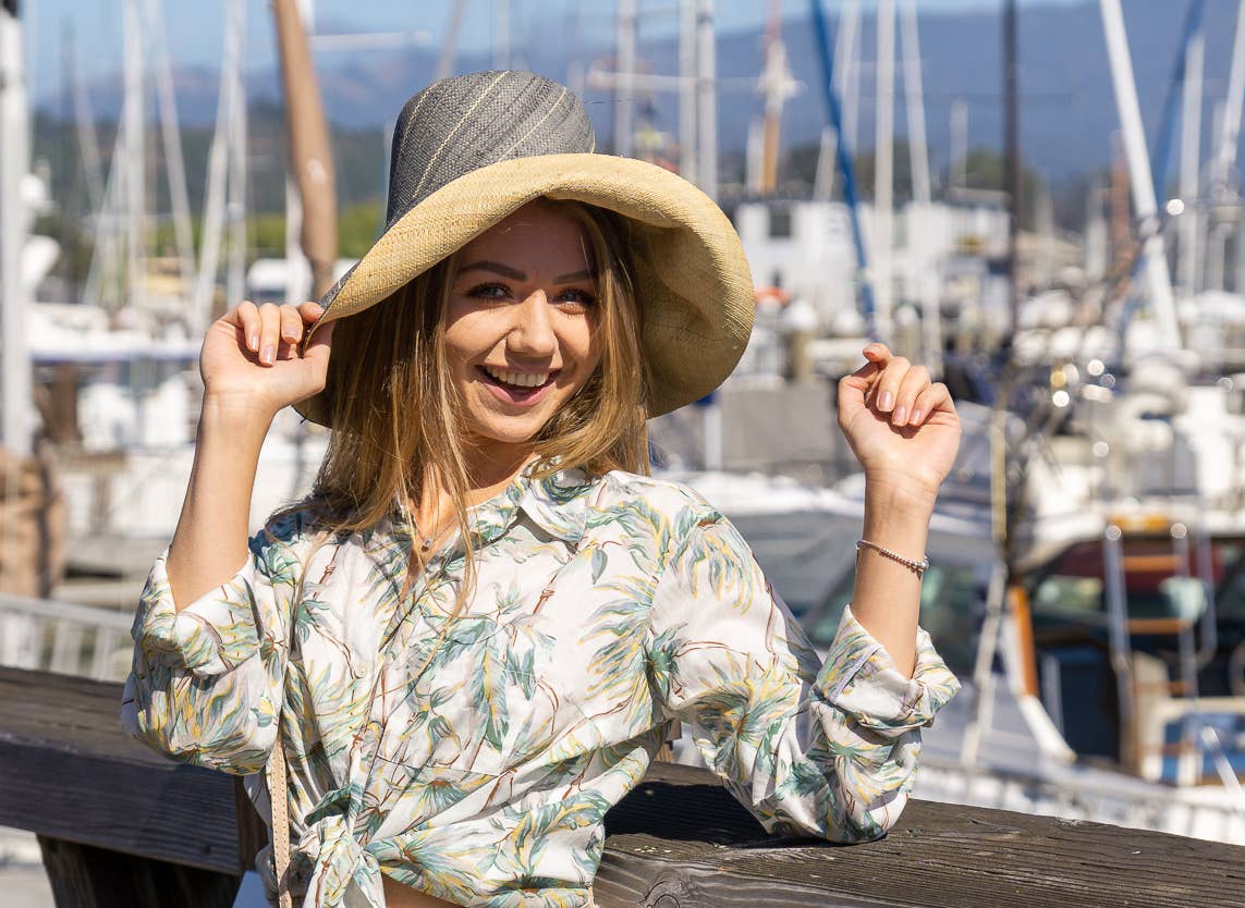 Wide Brim Two Tone Packable Straw Sun Hats