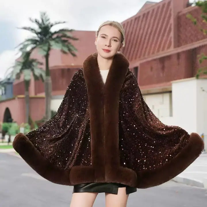 Elegant Sequin Cape Wrap with Plush Faux Fur
