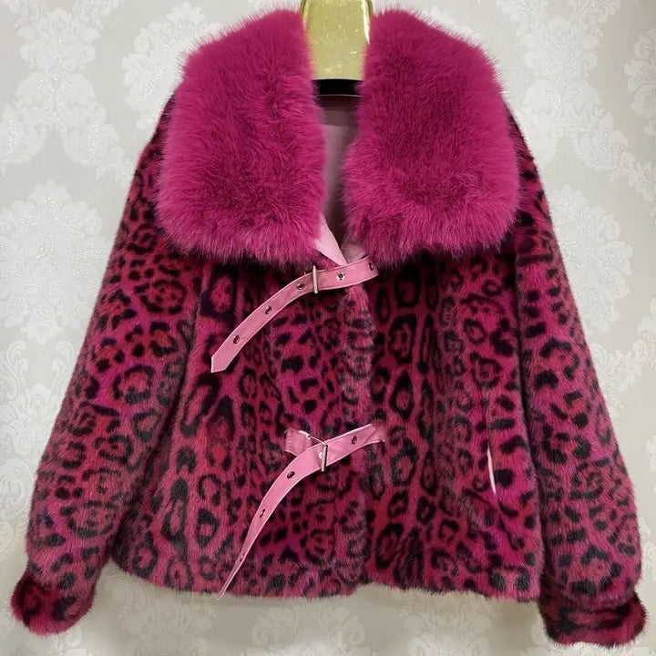 Leopard Print Buckled Faux Fur Jacket
