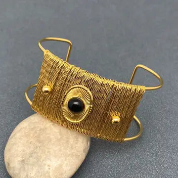 Inlaid Agate Sun Steel Wide Cuff