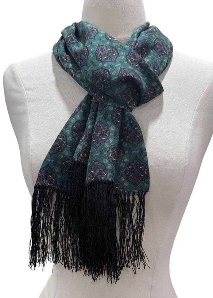 Teal Mosaic Silk Fringe Scarf