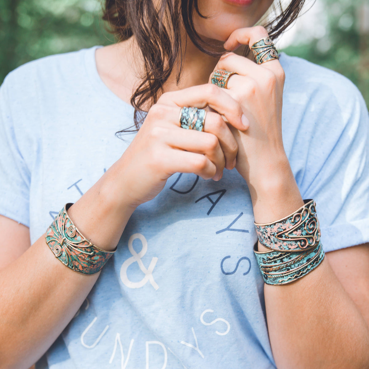 Brass Patina Vertical Stripes and Chains Ring