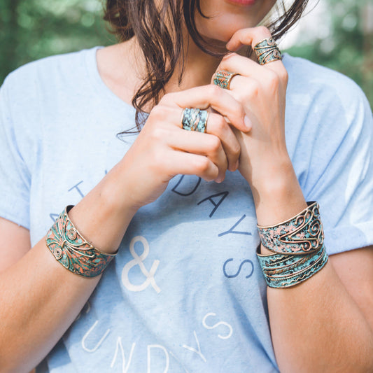 Brass Patina Vertical Stripes and Chains Ring