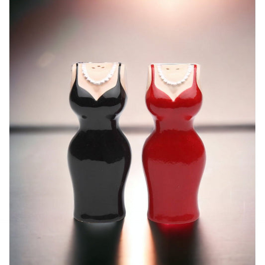 Ceramic Black and Red Dress Salt and Pepper Shakers