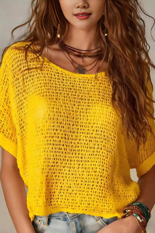BOHO CROCHET KNIT SOLID SHORT SLEEVE SWEATER