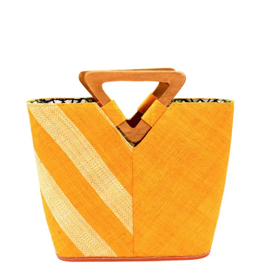 Straw Handbag: Two Tone with Wood Triangle Handle