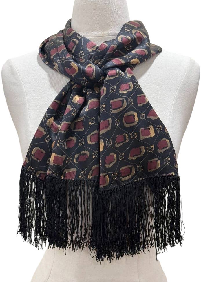 Plum & Gold Abstract Silk Scarf with Fringe