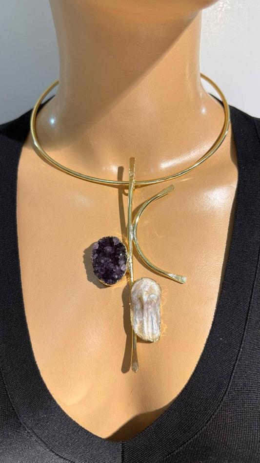 Choker Necklace with Amethyst & Pearl