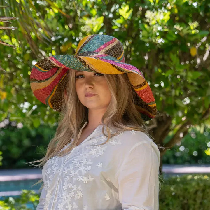 Wide Brim Stripe Packable Straw Sun Hats