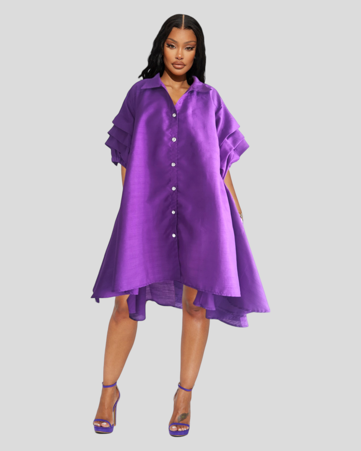 Swing Dress/ Faux Silk/ Ruffle Sleeve -758 Purple