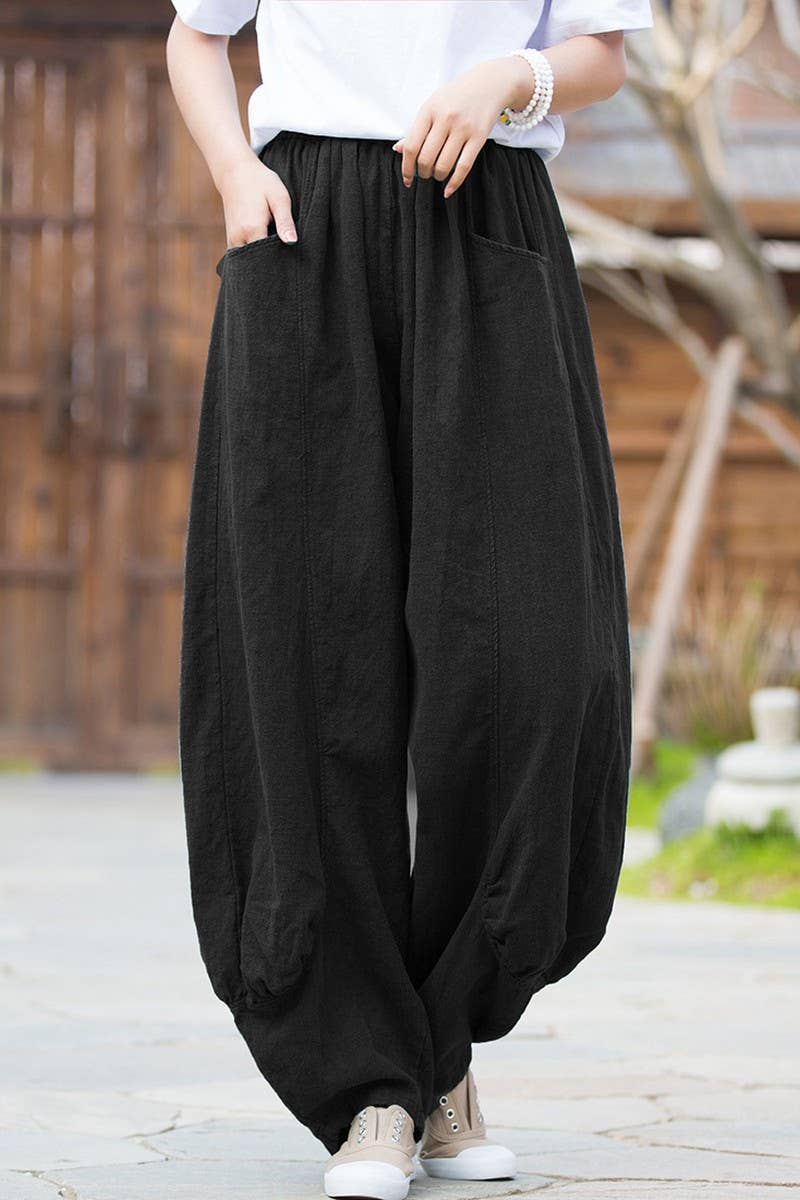 CWBLP1379_SOLID COLOR RAMIE SAND-WASHED WIDE-LEG PANTS