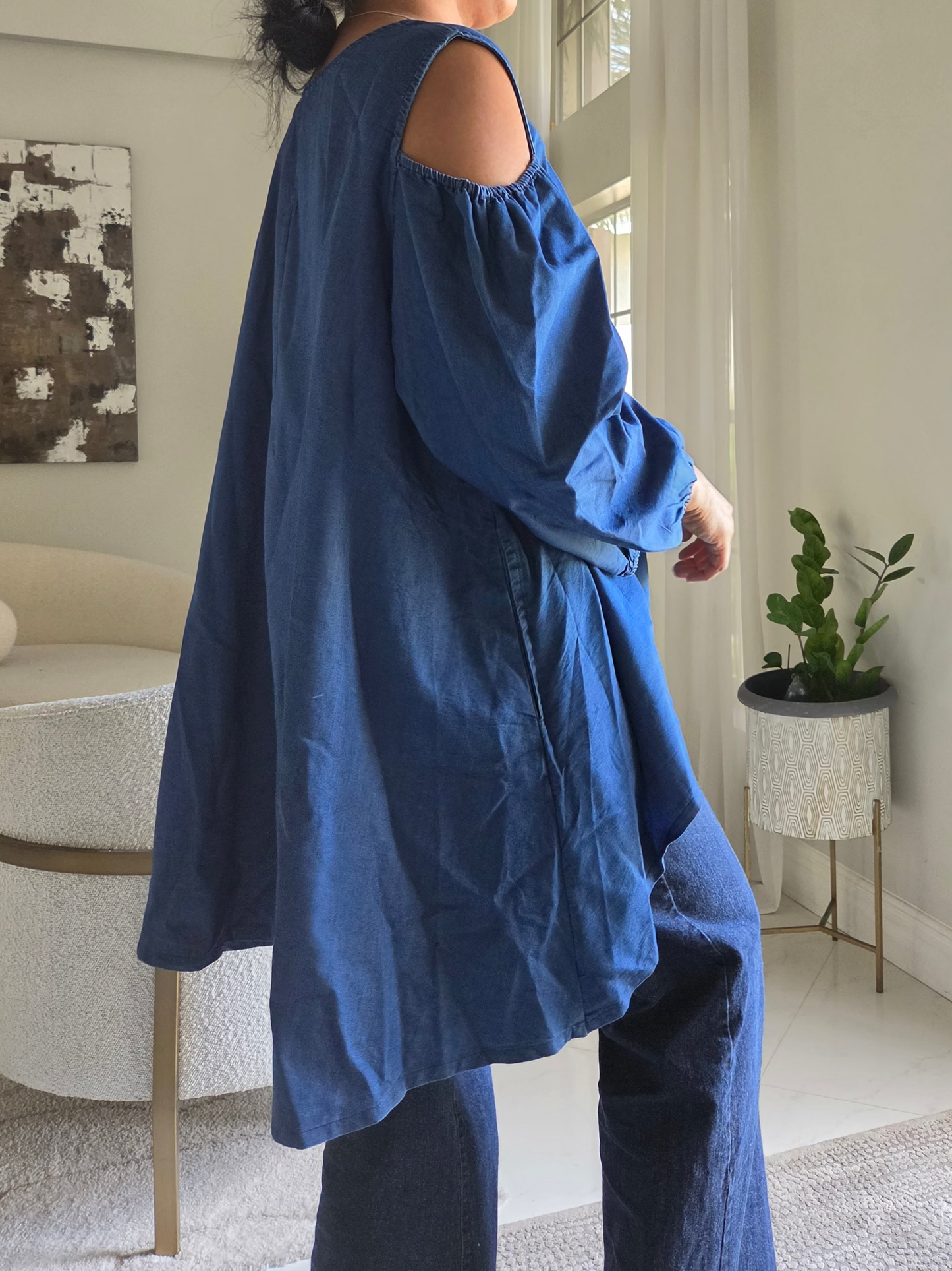 Cold-Shoulder Denim Billow Blouse