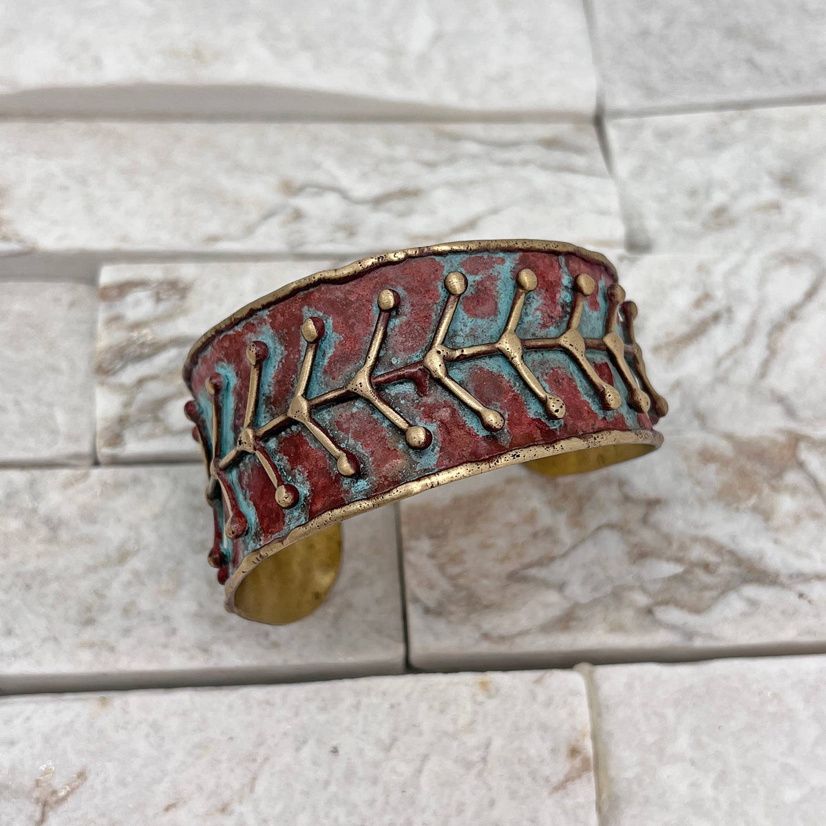 Brass Patina Cuff Bracelet - Rustic Blue Arrows