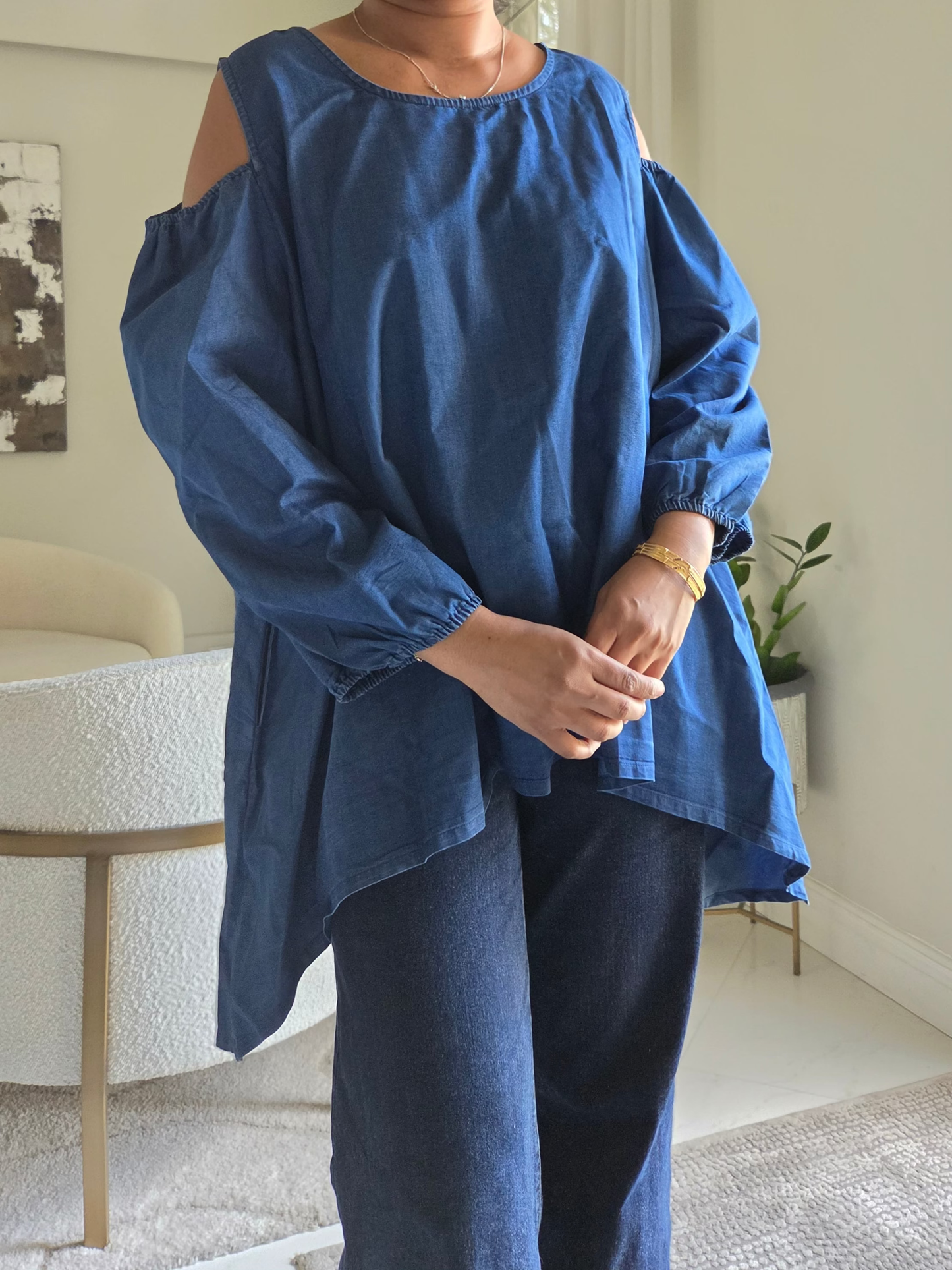 Cold-Shoulder Denim Billow Blouse