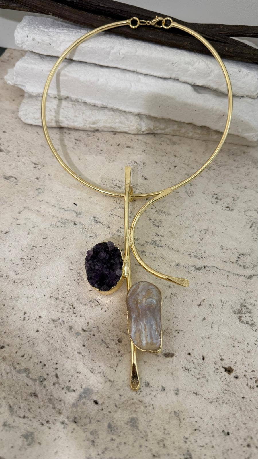 Choker Necklace with Amethyst & Pearl