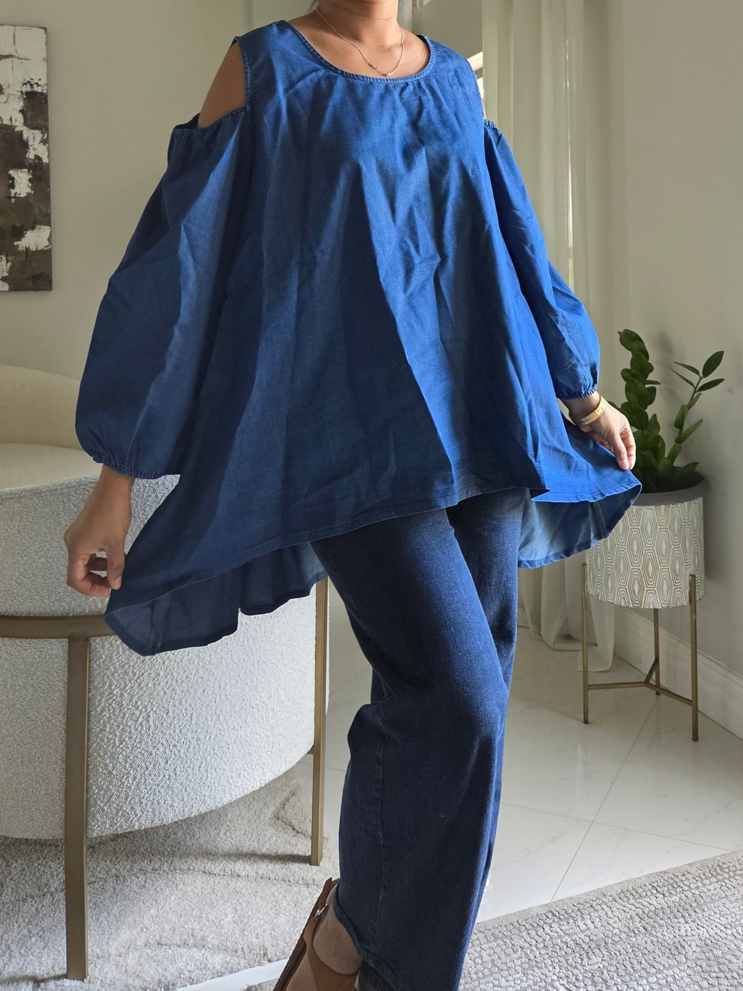 Cold-Shoulder Denim Billow Blouse