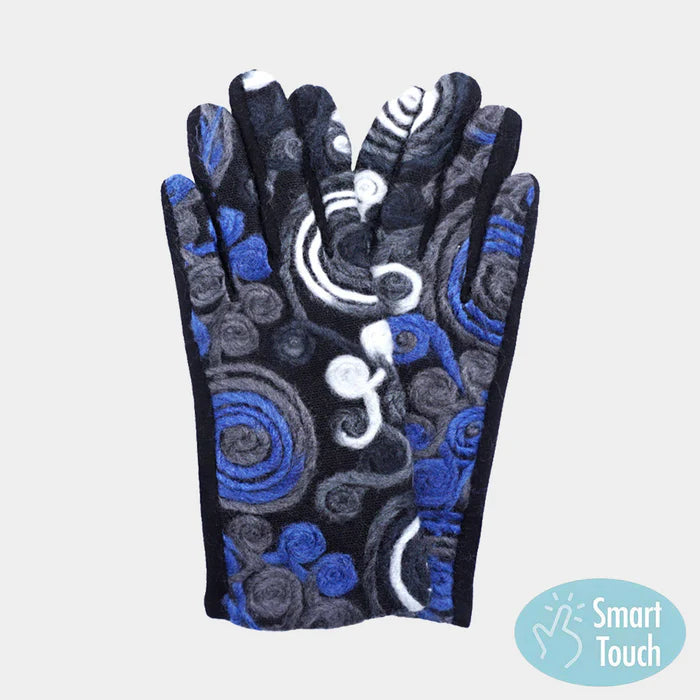 Abstract Swirl Yarn Embroidered Smart Touch Winter Gloves