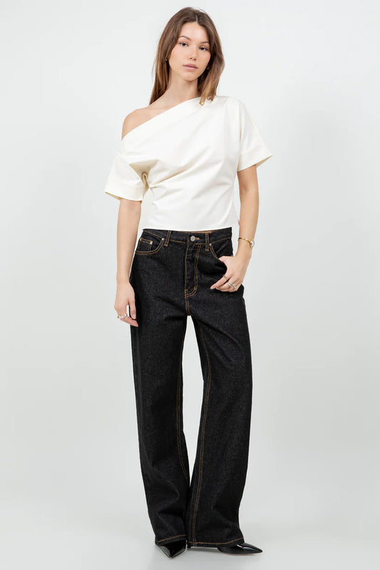 Asymmetrical Wide Neck Soft Woven Blouse