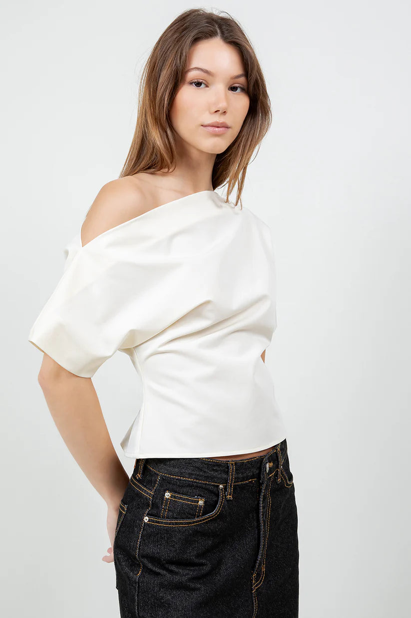 Asymmetrical Wide Neck Soft Woven Blouse