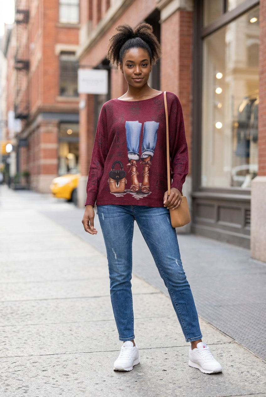 Burgundy Jeans Print Knit Sweater