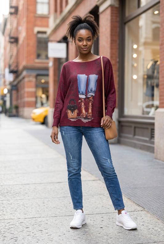 Burgundy Jeans Print Knit Sweater