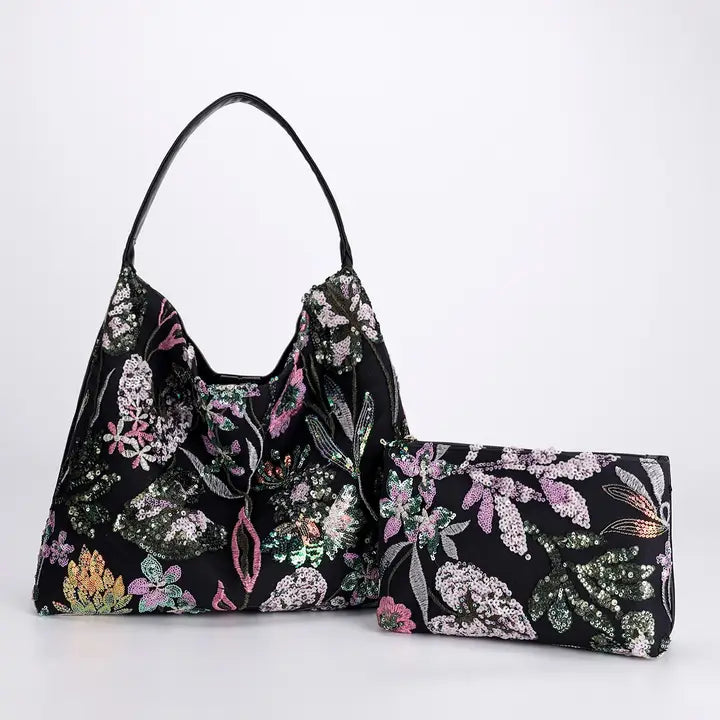 Black Floral Sequin Handbag with Matching Clutch