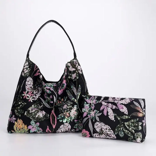 Black Floral Sequin Handbag with Matching Clutch