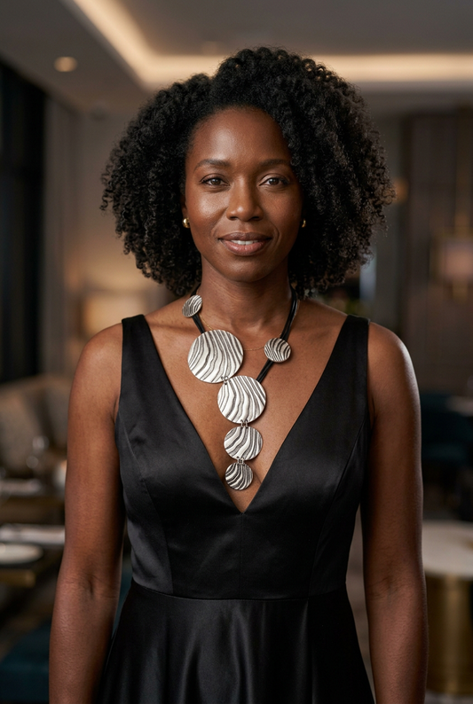 African American woman in an evening gown wearing the silver statement necklace