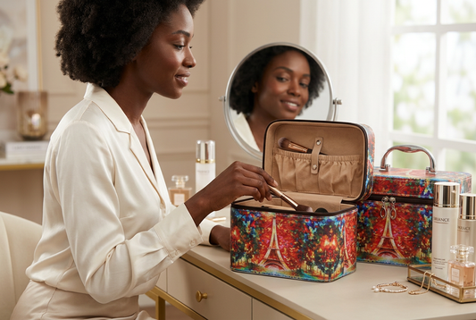 African American woman using Night Life in Paris cosmetic cases at an elegant vanity