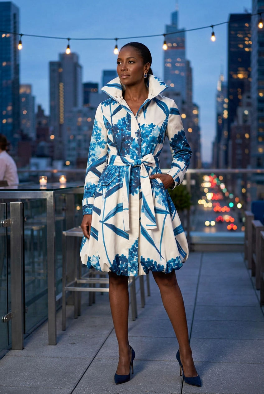 African American woman wearing the blue floral coat dress in an evening rooftop setting
