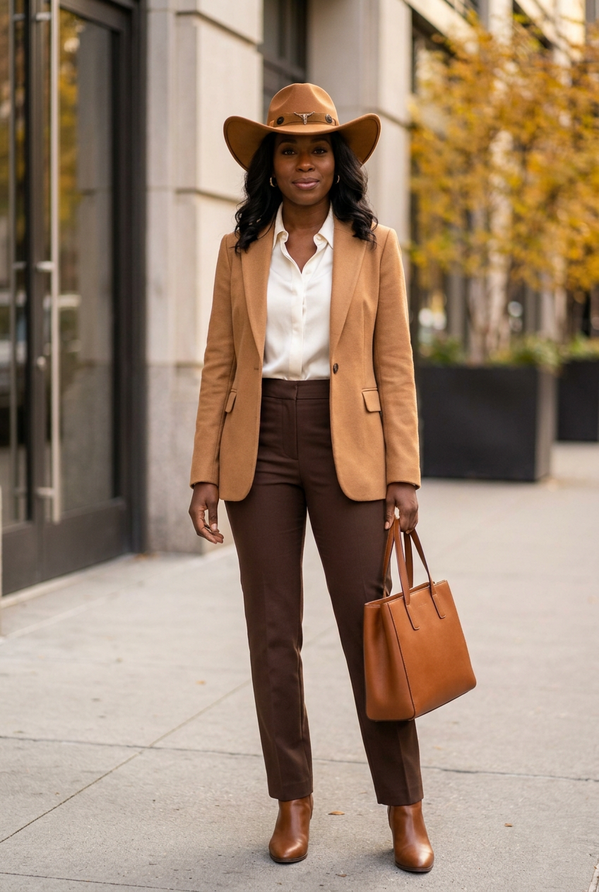 African American woman wearing the cognac cowboy hat with a polished work outfit