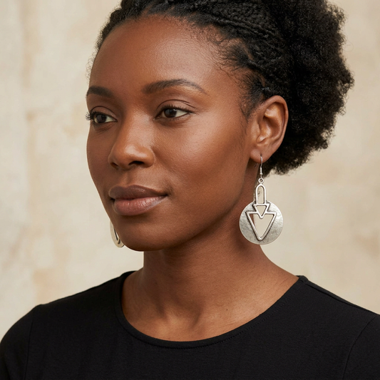 African American woman wearing your handmade pewter earrings