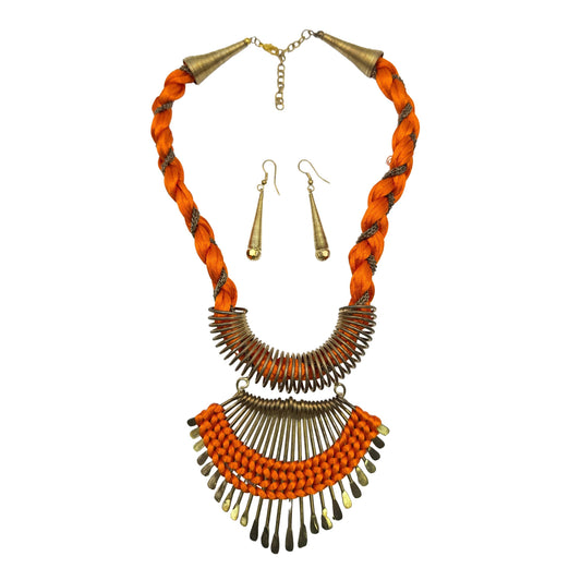Gold Plated Brass Fringe Statement Necklace Set & Earrings