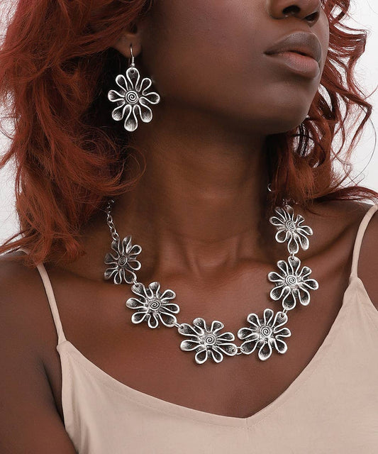 Wildflower Bloom Antique Silver Necklace & Earrings Set