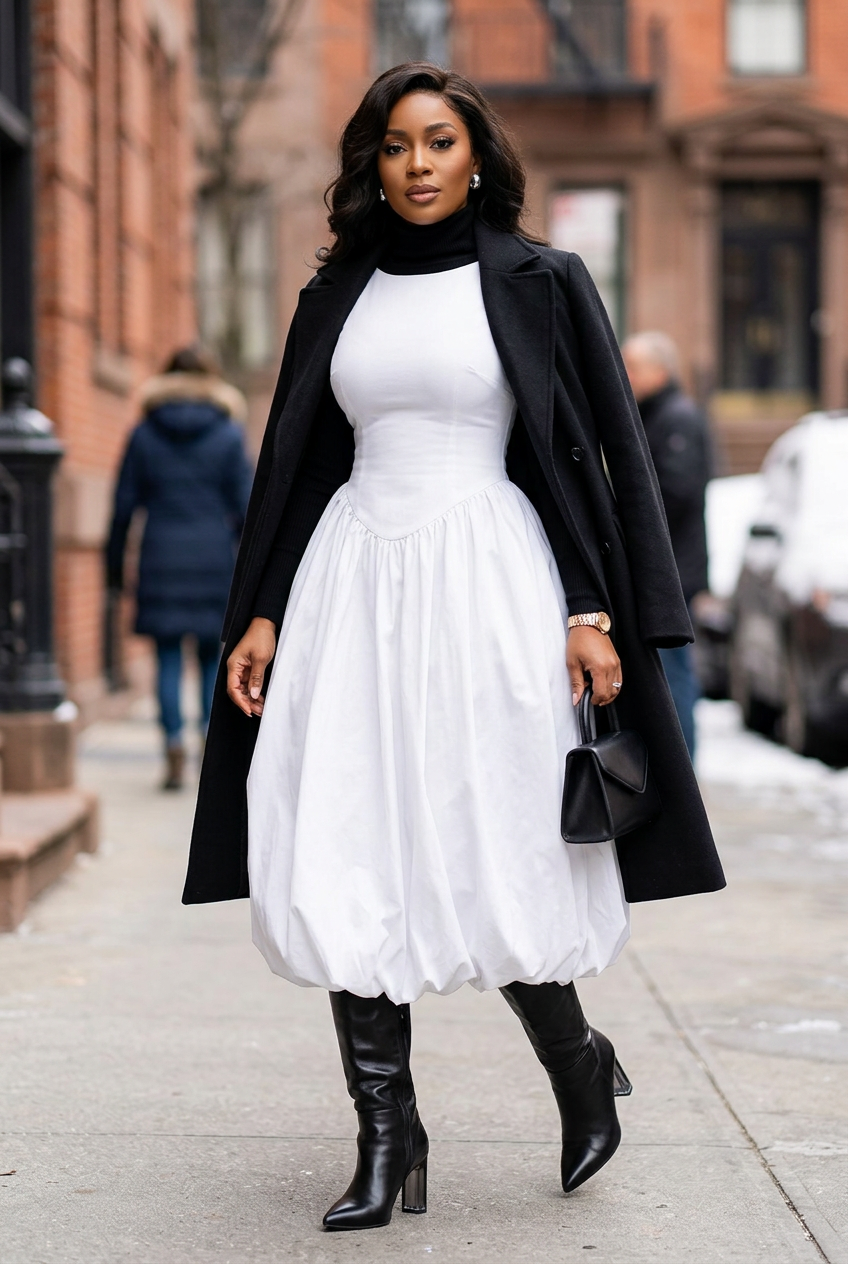 Black-and-white winter look with the white tulip dress and black boots