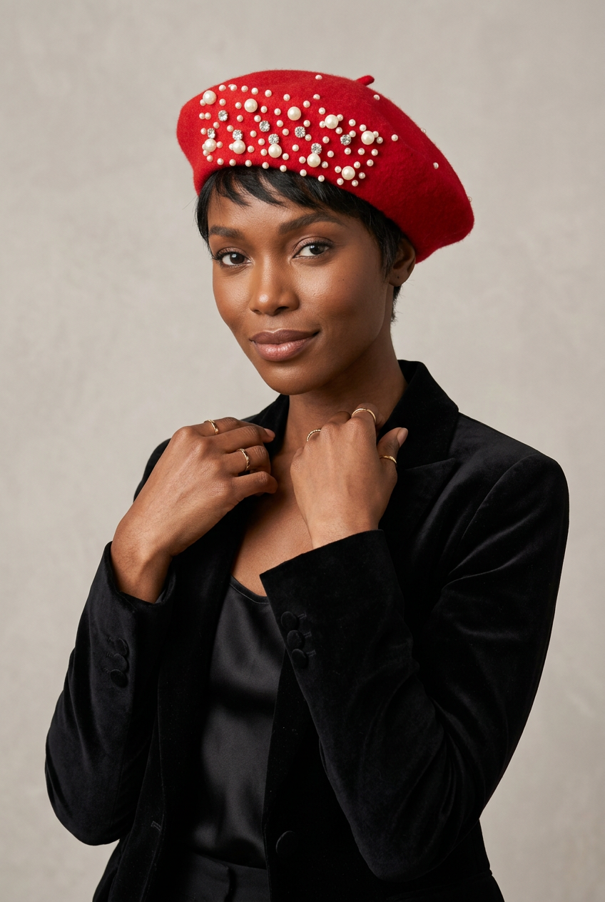 Black model with short hair wearing the red pearl-accent beret