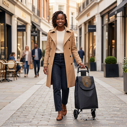 Black woman using the lion-design shopping cart in a shopping area
