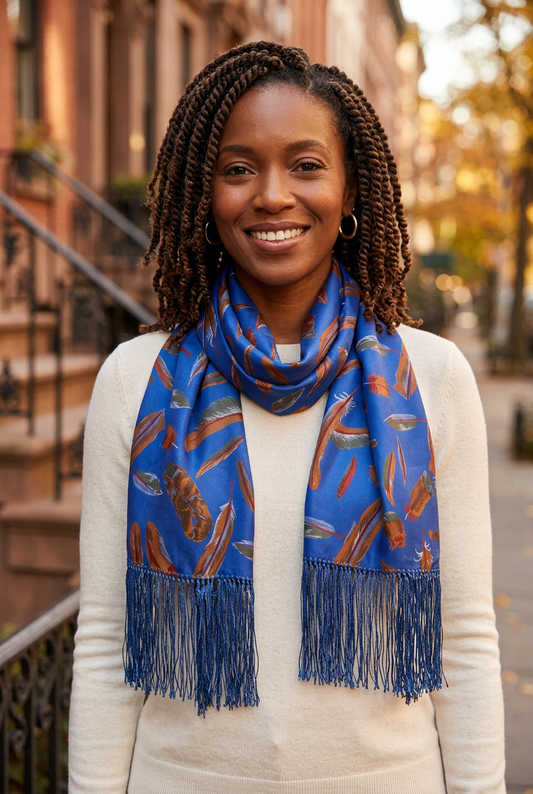 Black woman wearing the Feather Silk Scarf